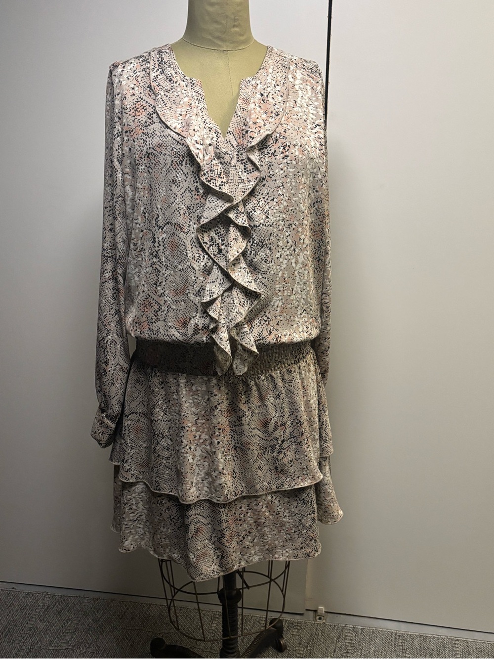Ruffled Snake-Print Tiered Dress - Blush Taupe